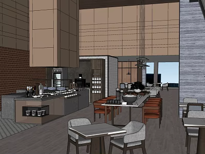 Modern Restaurant Interior With Open Kitchen Dining Tables Chairs And Brick Wall 3d model