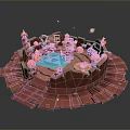 Vibrant Circular Cartoon Wooden Platform Setup With Small House Pool Stairs And Decorations