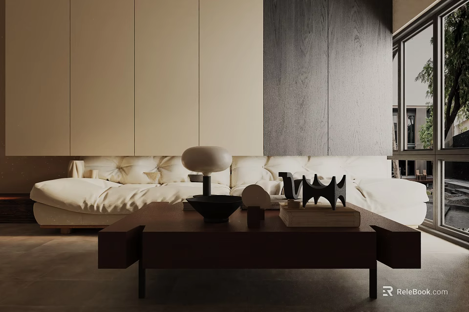 Modern Light Colored Three-Seater Sofa with Plush Cushions and Dark Coffee Table with Decorative Items 3d model 