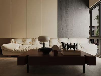 Modern Light Colored Three-Seater Sofa with Plush Cushions and Dark Coffee Table with Decorative Items 3d model