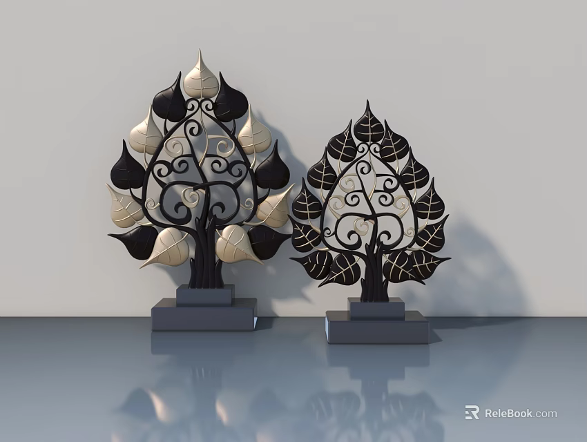 Modern Flush Door With Black Gold Tree Leaf Pattern And Reflective Surface Design 3d model