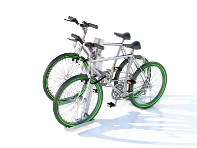 Two Silver Bicycles With Green Rims Black Seats And Handlebars Parked On White Background 3d model