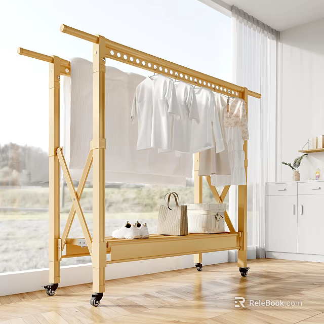 Modern Wooden Indoor Clothes Drying Rack with Wheels and Storage Basket 3d model 