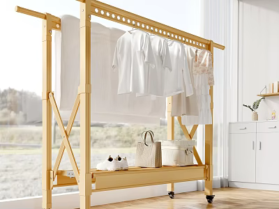 Modern Wooden Indoor Clothes Drying Rack with Wheels and Storage Basket 3d model