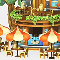 Colorful Charming Cartoon Scene Featuring Blue Bear-shaped Building Palm Trees Small Stalls and Umbrella Tables