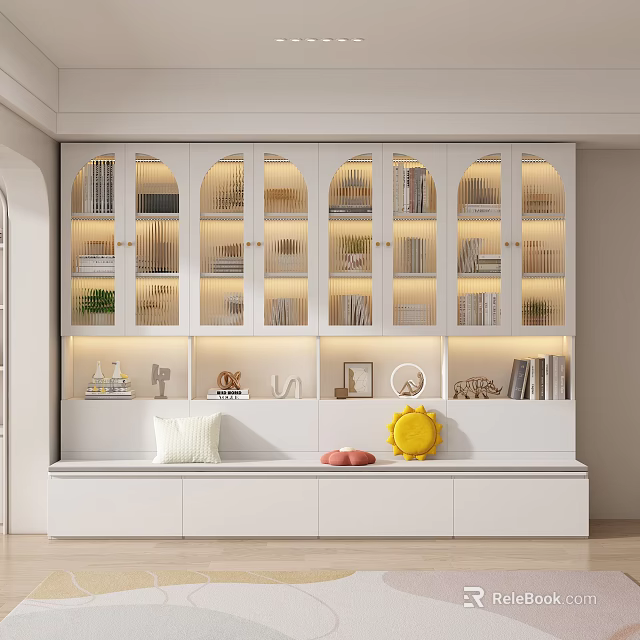 Modern White Storage Cabinet With Glass Doors Books Decorations And Bench 3d model 