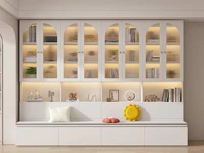 Modern White Storage Cabinet With Glass Doors Books Decorations And Bench 3d model