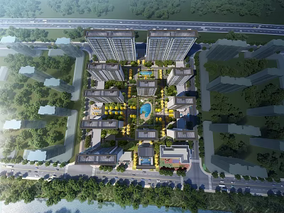 Aerial View Planning of Modern Residential Area With Central Courtyard Landscaped Greenery And Road Network 3d model