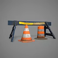 Blue Road Barrier With Yellow Warning Tape And Orange White Traffic Cones