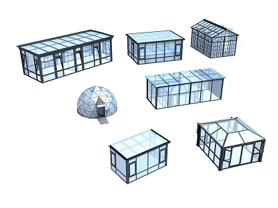 Various Shaped Transparent Glass Buildings Including Dome And Rectangular Designs 3d model