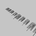 Various Military Vehicle Models in Different Colors Lined Up on Gray Background