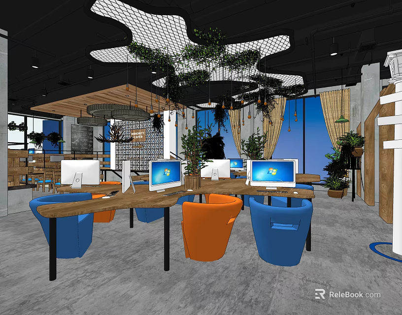 Modern Internet Cafe Interior With Computers Colorful Chairs And Green Plants 3d model 