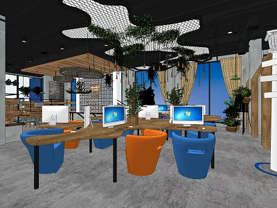 Modern Internet Cafe Interior With Computers Colorful Chairs And Green Plants 3d model