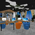 Modern Internet Cafe Interior With Computers Colorful Chairs And Green Plants 3d model