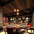Warm Restaurant Interior Featuring Wooden Ceiling Hexagonal Decor Pendant Lights And Round Tables 3d model