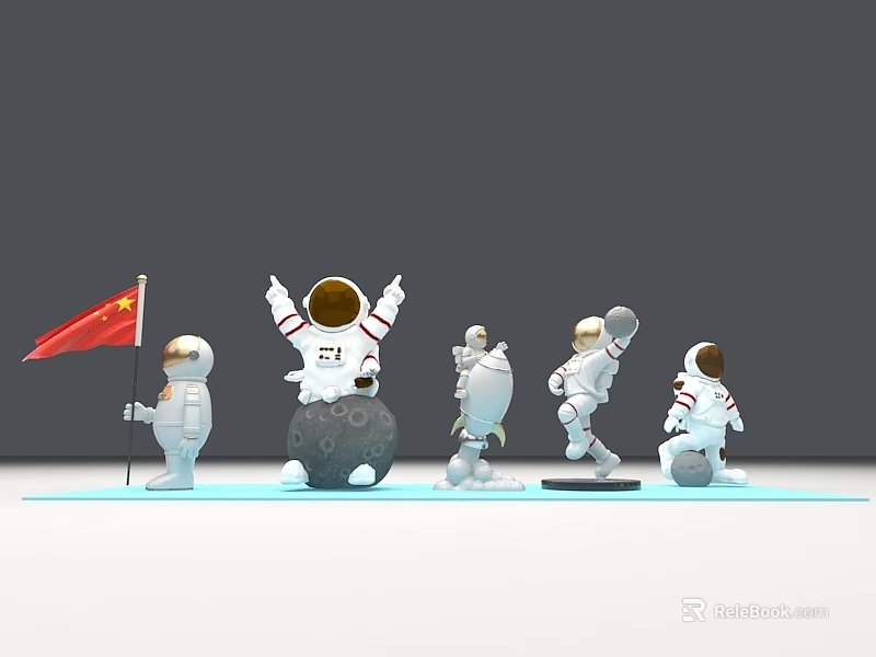 Astronaut Figurines With Chinese Flag And Moon Model In Various Poses 3d model 