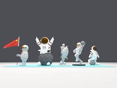 Astronaut Figurines With Chinese Flag And Moon Model In Various Poses 3d model