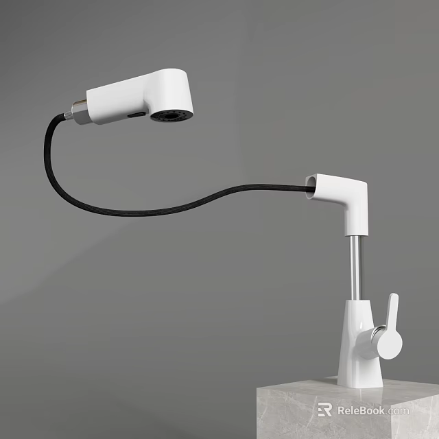 Sleek White Modern Faucet With Black Flexible Hose And Curved Design 3d model 