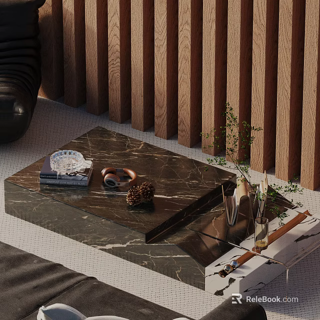 Elegant Leather Sofa Coffee Table Combination With Marble Top Decorative Items And Small Plant 3d model