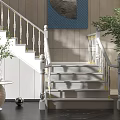 Stylish White Staircase With White Handrail Gray Wall Blue Art And Green Plant