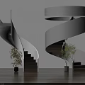 Modern Spiral Staircase Design With White Structure Dark Steps Green Plant And Wooden Floor