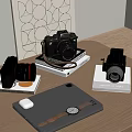 Vintage Cameras Modern Tablet Smartwatch Wireless Earbuds On Wooden Desktop Setup