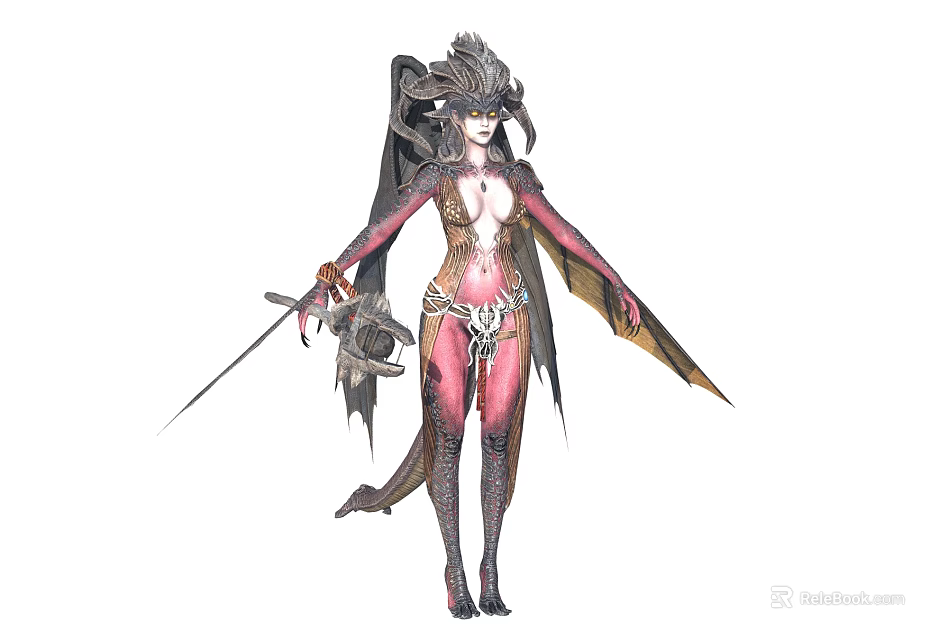 Female Fantasy Demon Warrior With Horns Wings And Sword In Elaborate Armor 3d model 