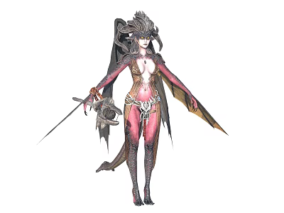 Female Fantasy Demon Warrior With Horns Wings And Sword In Elaborate Armor 3d model