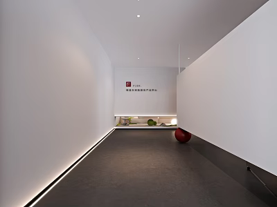 Modern Office Corridor With White Walls Gray Floor Red Sphere Green Plants And Recessed Lighting 3d model