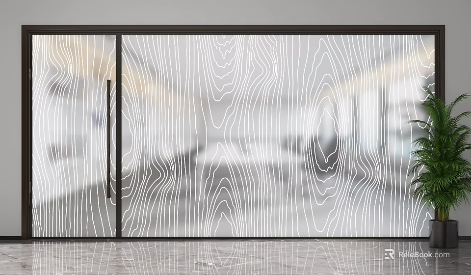 Modern Glass Room Divider With White Wavy Line Patterns For Contemporary Interior 3d model 