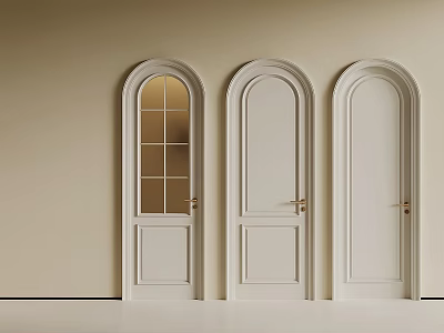 Three White Hinged Doors With Arched Top Glass Panel And Golden Handles 3d model