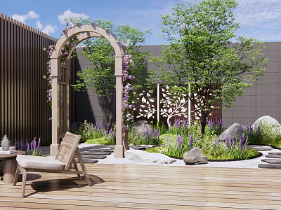 Courtyard Garden with Wooden Arch Carved Leaf Screen Green Trees Purple Flowers Stones Wooden Seating 3d model