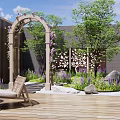 Courtyard Garden with Wooden Arch Carved Leaf Screen Green Trees Purple Flowers Stones Wooden Seating