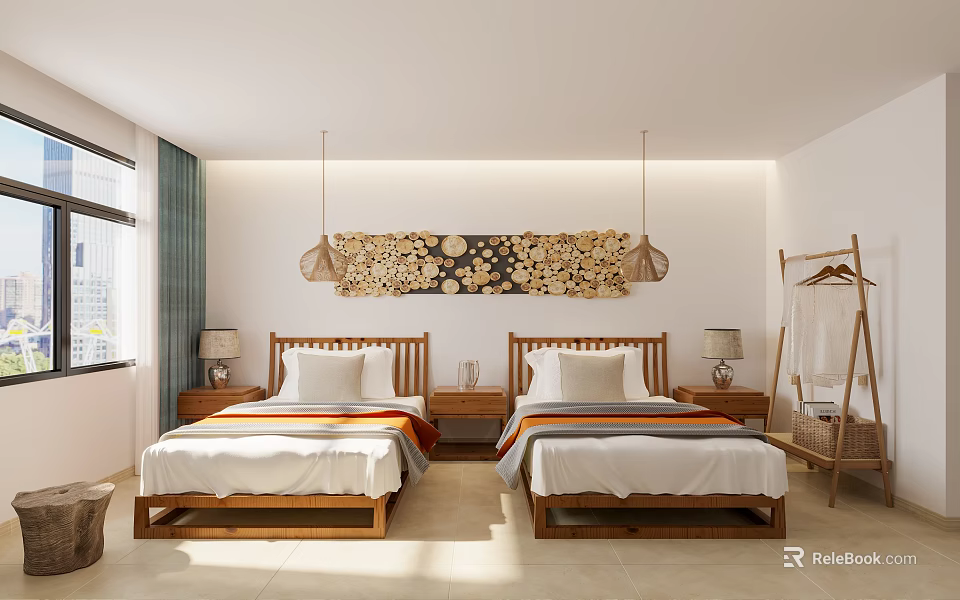 Hotel Room With Twin Beds Bedside Tables Lamps Decorative Art Green Curtains Wooden Clothes Rack 3d model 