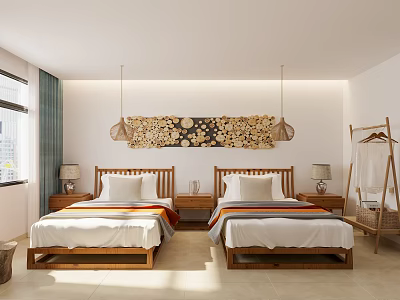 Hotel Room With Twin Beds Bedside Tables Lamps Decorative Art Green Curtains Wooden Clothes Rack 3d model