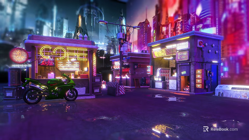 Neon Lit Commercial Street With Coffee Noodles Signboards Green Motorcycle Rainy Night Tall Buildings 3d model 