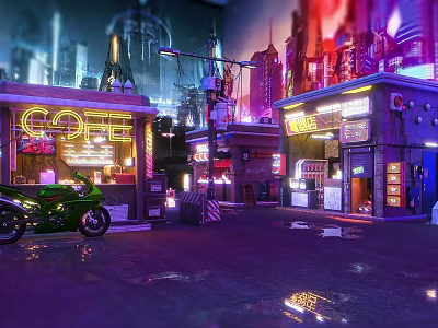 Neon Lit Commercial Street With Coffee Noodles Signboards Green Motorcycle Rainy Night Tall Buildings 3d model