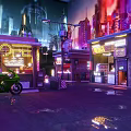 Neon Lit Commercial Street With Coffee Noodles Signboards Green Motorcycle Rainy Night Tall Buildings