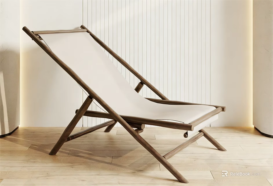 Modern Folding Lounge Chair With Wooden Frame And White Cushion In Light Striped Room 3d model 