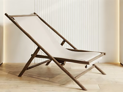 Modern Folding Lounge Chair With Wooden Frame And White Cushion In Light Striped Room 3d model