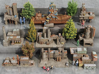 Industrial Factory Building Models Showcasing Diverse Structures Surrounding Trees And People 3d model
