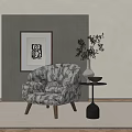 Patterned Accent Chair With Wooden Legs Near Gray Wall Art Vase On Side Table