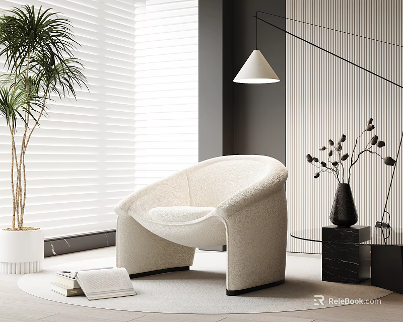 Modern White Single Sofa in Minimalist Space with Potted Plant Open Book and Pendant Light 3d model 