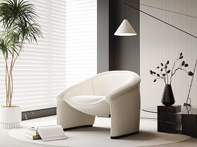 Modern White Single Sofa in Minimalist Space with Potted Plant Open Book and Pendant Light 3d model