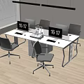 Modern Office Desk With Multiple Computer Monitors Ergonomic Chairs And Window Blinds 3d model