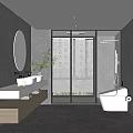 Modern Minimalist Bathroom Interior With Double Vanity Sinks Round Mirror Glass Shower And Wooden Countertop
