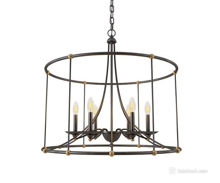 Vintage Black Metal Chandelier With Gold Accents Circular Cage Design And Multiple Bulbs 3d model 