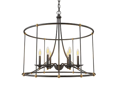 Vintage Black Metal Chandelier With Gold Accents Circular Cage Design And Multiple Bulbs 3d model