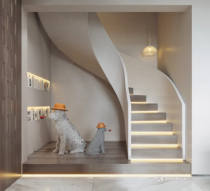 Modern Interior With Spiral Staircase Dog Statues Wearing Orange Hats Bookshelves And Pendant Light 3d model 