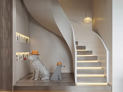 Modern Interior With Spiral Staircase Dog Statues Wearing Orange Hats Bookshelves And Pendant Light 3d model